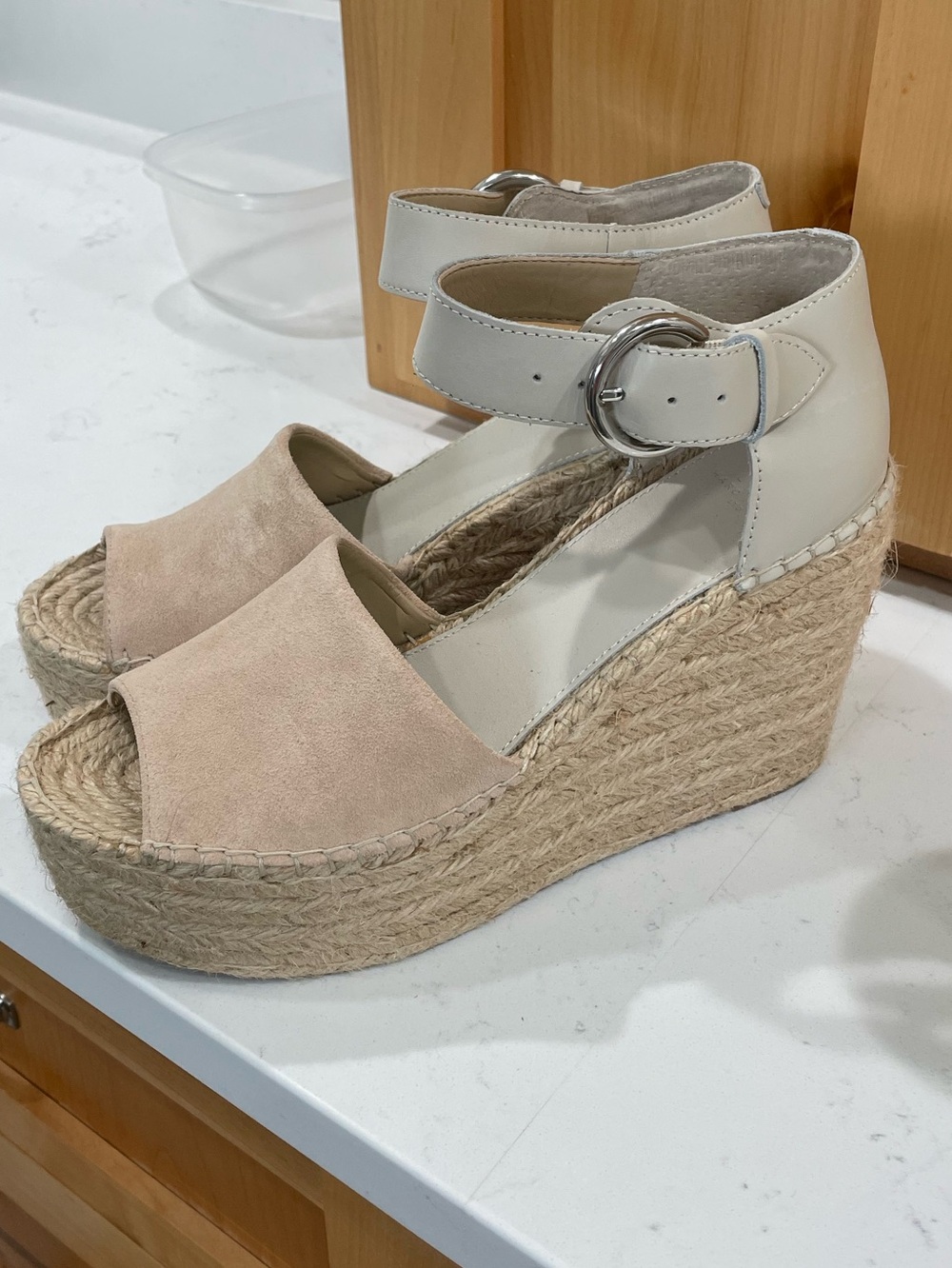 Marc Fisher LTD Beige and Cream Espadrille Wedge Sandals